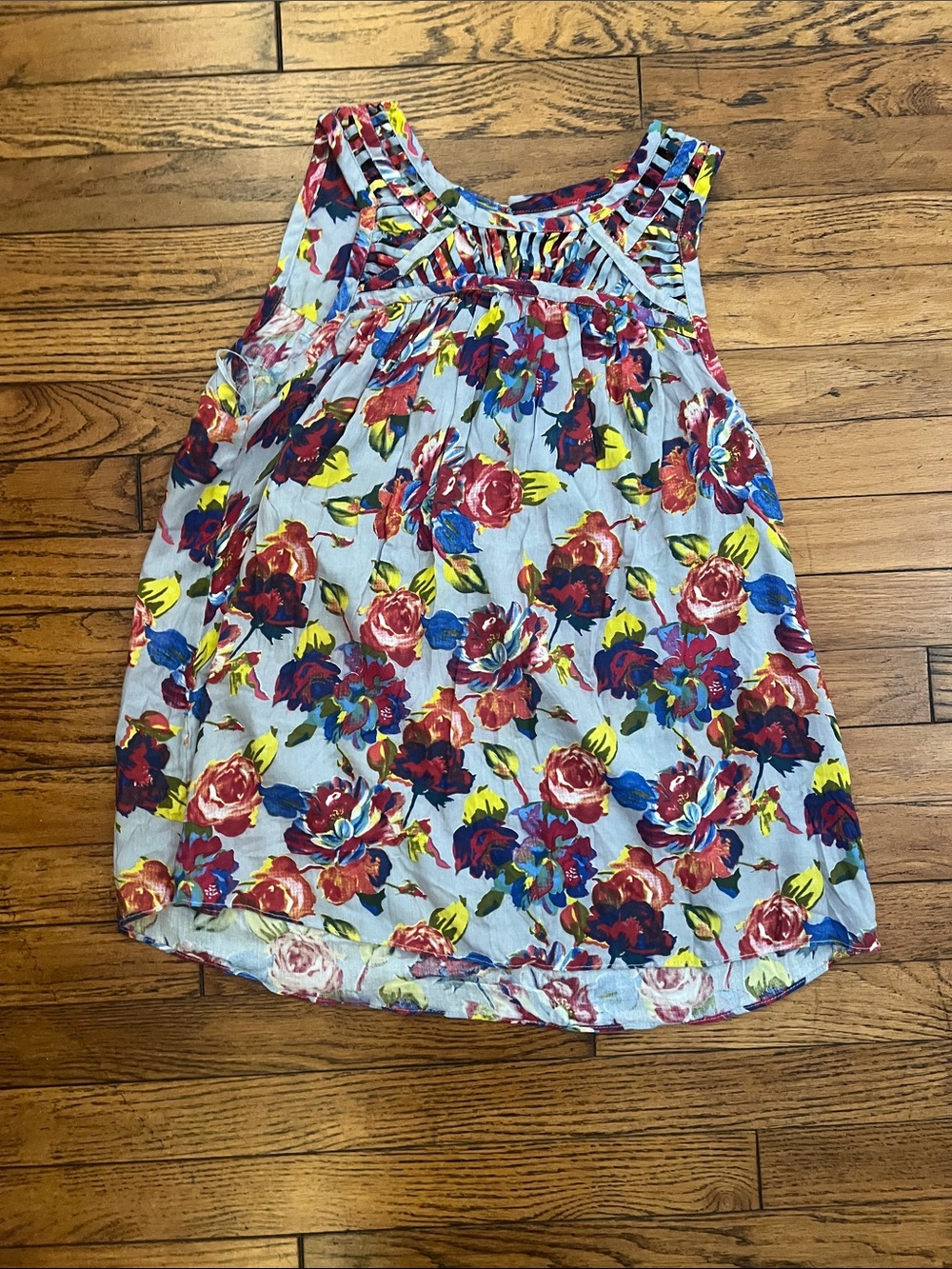 Ranna Gill Light Blue Floral Tank Top with Red, Blue & Yellow Blooms